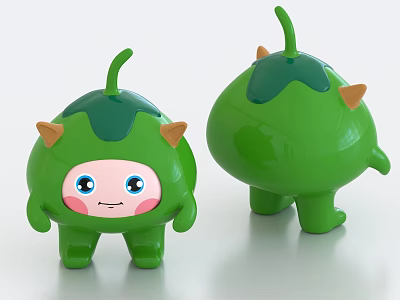 Cute Green Cartoon Decorative Figurine Set With Smiling Face Leaf Top And Horns 3d model