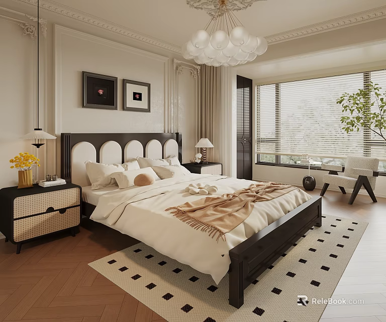 Elegant Modern Bedroom Interior With Dark Headboard White Bedding Framed Art And Chandelier Rug 3d model 