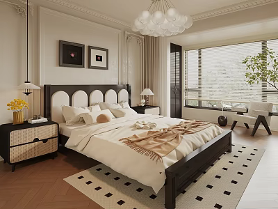 Elegant Modern Bedroom Interior With Dark Headboard White Bedding Framed Art And Chandelier Rug 3d model