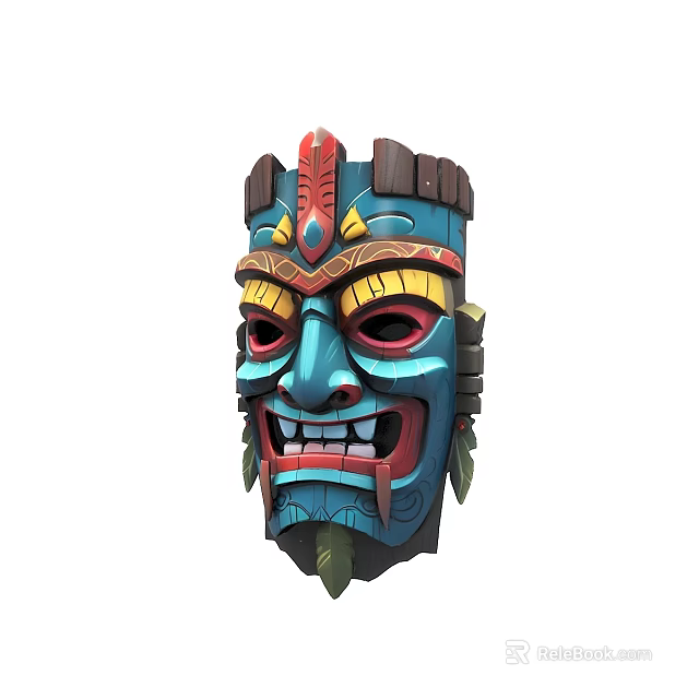 Traditional Tribal Mask With Blue Red Yellow Patterns Teeth And Feathers 3d model 