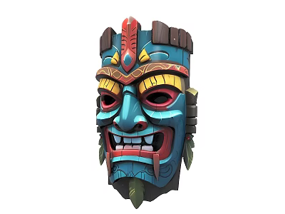 Traditional Tribal Mask With Blue Red Yellow Patterns Teeth And Feathers 3d model