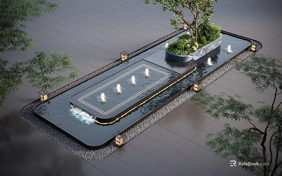 Contemporary Water Fountain Design With Decorative Lights Green Plants Stone Base And Tile Floor 3d model 