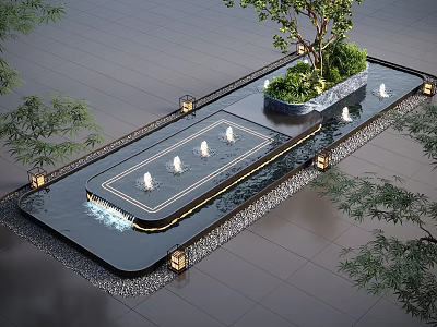 Contemporary Water Fountain Design With Decorative Lights Green Plants Stone Base And Tile Floor 3d model