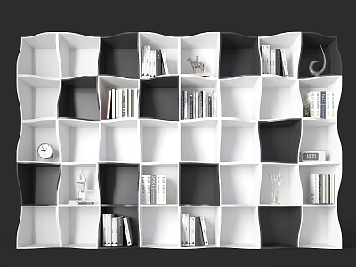Modern Black and White Grid Bookcase with Books and Decorative Items 3d model