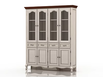 Traditional White Bookcase With Glass Doors Drawers And Wooden Top Design 3d model