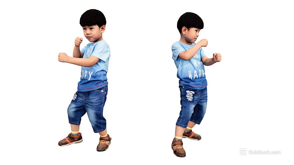 Two Young Boys In Blue T Shirts And Jeans Doing Boxing Poses 3d model 
