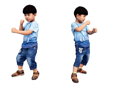 Two Young Boys In Blue T Shirts And Jeans Doing Boxing Poses 3d model