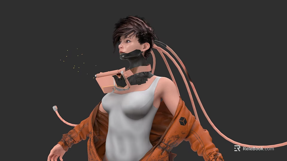 Game Movie Character With Short Dark Hair Mechanical Neck Device White Tank Top Orange Jacket 3d model 