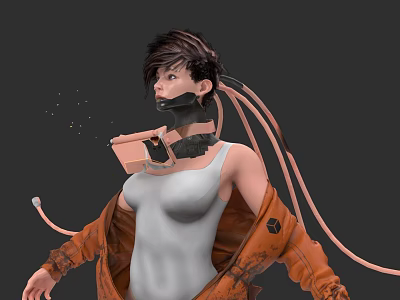 Game Movie Character With Short Dark Hair Mechanical Neck Device White Tank Top Orange Jacket 3d model