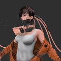 Game Movie Character With Short Dark Hair Mechanical Neck Device White Tank Top Orange Jacket