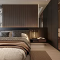 Modern Bedroom Interior With Dark Tones Bed Wardrobe Nightstand Chair And Rug