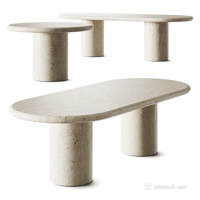 Elegant Light Travertine Oval Dressing Table With Thick Cylindrical Legs For Minimalist Contemporary Bedroom Design 3d model 