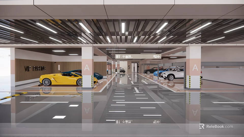 Modern Indoor Parking Garage With Yellow Sports Car White Sedan And A Zone Markings 3d model 