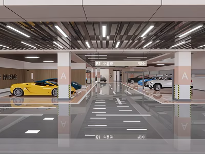 Modern Indoor Parking Garage With Yellow Sports Car White Sedan And A Zone Markings 3d model