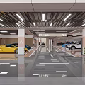 Modern Indoor Parking Garage With Yellow Sports Car White Sedan And A Zone Markings