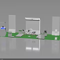 Modern Exhibition Booth Design Featuring White Display Panels Green Floor White Chairs And Information Counter