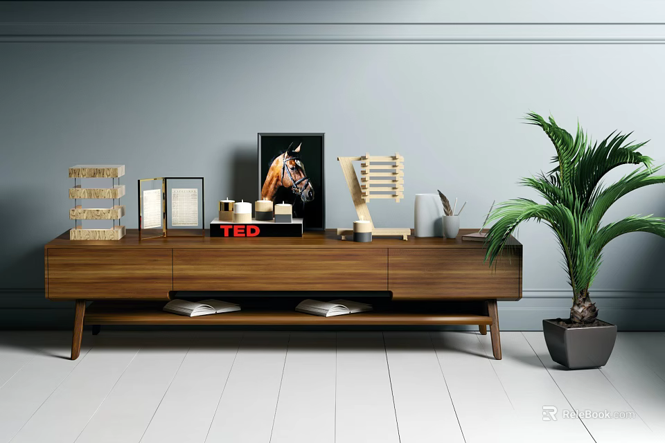 Walnut Wooden TV Stand With Photo Frame TED Box Decorative Shelf And Palm Plant 3d model 