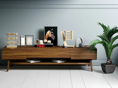 Walnut Wooden TV Stand With Photo Frame TED Box Decorative Shelf And Palm Plant 3d model