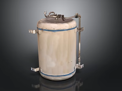 White Cylindrical Tank With Blue Stripes And Metal Brackets Valve Design 3d model