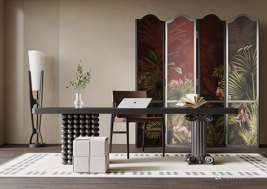 Stylish Interior Design With Decorative Tropical Print Screen Wooden Table And Potted Plant 3d model 