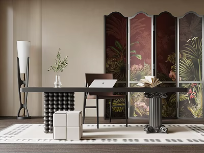 Stylish Interior Design With Decorative Tropical Print Screen Wooden Table And Potted Plant 3d model