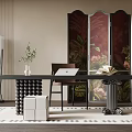 Stylish Interior Design With Decorative Tropical Print Screen Wooden Table And Potted Plant