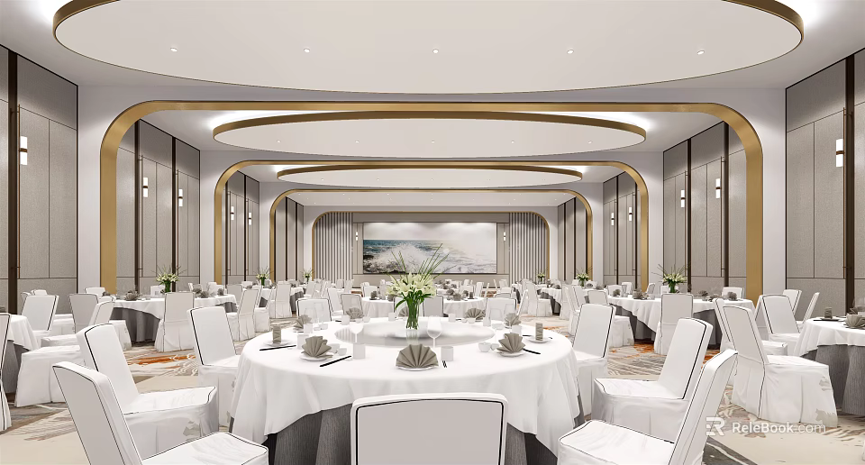 Elegant Banquet Hall Interior With Round Tables White Tablecloths Flower Vases And White Chairs 3d model 