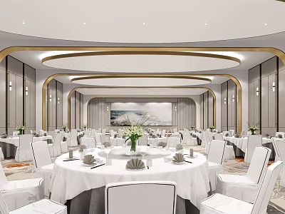Elegant Banquet Hall Interior With Round Tables White Tablecloths Flower Vases And White Chairs 3d model