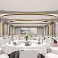 Elegant Banquet Hall Interior With Round Tables White Tablecloths Flower Vases And White Chairs