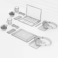 Pink Laptop Setup With Headphones Smartphone Coffee Cup Strawberries Notebook And Pencils