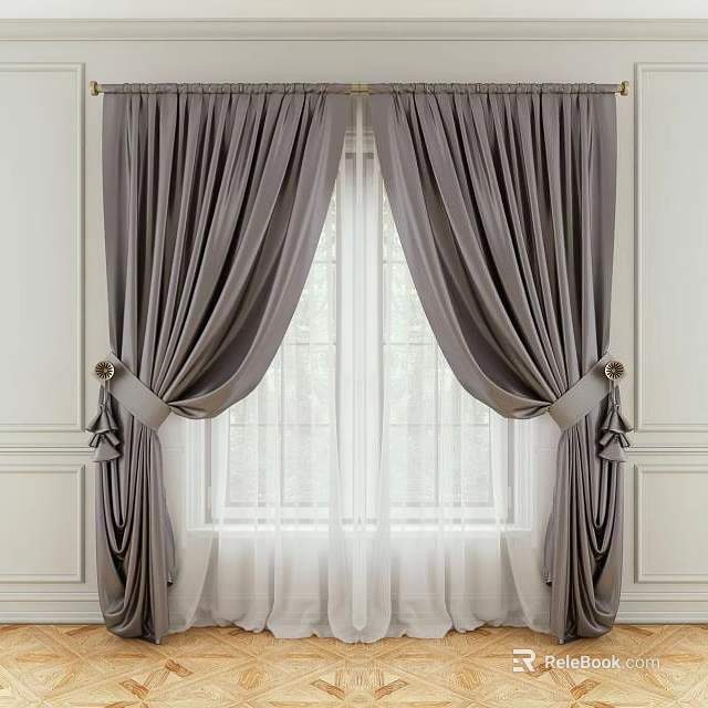 Elegant Gray Velvet Curtains With Sheer Inner Layer Gold Rod And Tiebacks 3d model 