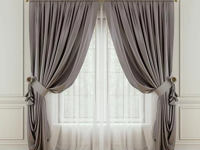 Elegant Gray Velvet Curtains With Sheer Inner Layer Gold Rod And Tiebacks 3d model