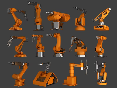 Intelligent Industrial Robotic Arms in Orange with Various Models and Different Poses for Industrial Tasks 3d model