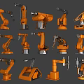 Intelligent Industrial Robotic Arms in Orange with Various Models and Different Poses for Industrial Tasks