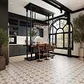 Elegant Kitchen Interior With Black Cabinets Island Counter Bar Stools Green Plants And Patterned Tiles