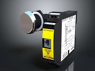 BALLUFF Industrial Control Device With Round Metal Button Yellow Label And Black Housing 3d model