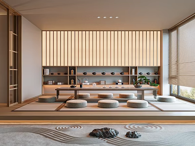 Japanese Zen Tea Room Interior With Wooden Slat Wall Tatami Seating And Tea Sets 3d model