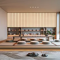 Japanese Zen Tea Room Interior With Wooden Slat Wall Tatami Seating And Tea Sets