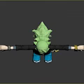 Green-haired Character Wearing Black Outfit Blue Shoes Golden Bracelets and Yellow Creature Pendant Arms Outstretched