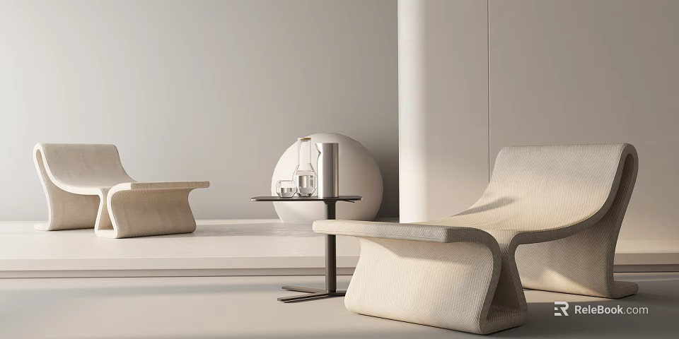 Modern Minimalist Beige Leisure Chair In Cozy Lounge With Round Side Table And Water Bottle 3d model 