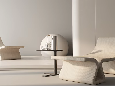 Modern Minimalist Beige Leisure Chair In Cozy Lounge With Round Side Table And Water Bottle 3d model