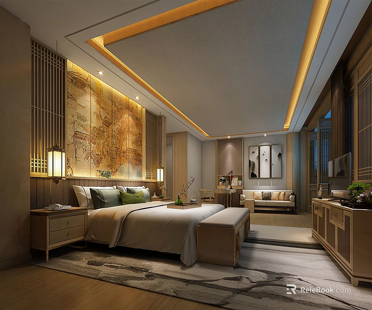 Traditional Chinese Hotel Guest Room With Elegant Wall Art Wooden Furniture Bed Sofa And Lighting 3d model 