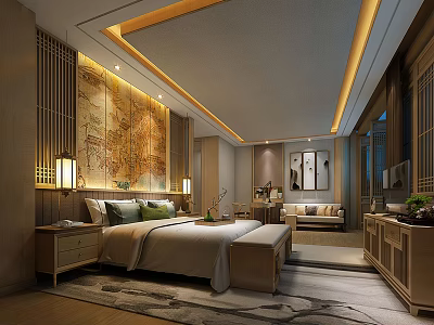 Traditional Chinese Hotel Guest Room With Elegant Wall Art Wooden Furniture Bed Sofa And Lighting 3d model