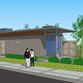 Modern Public Facility Building With Stone Wall Canopy Greenery And People Walking 3d model