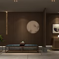 Traditional Chinese Private Room Interior With Wooden Long Table And Decorative Wall Panels