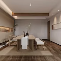 Traditional Chinese Tea Shop Interior Design With Wooden Shelves Tables Calligraphy And Green Plant