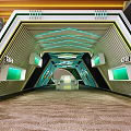 Modern Entrance Hall Interior With Green Wave Wall Yellow Wooden Ceiling Brown Carpet And Logo