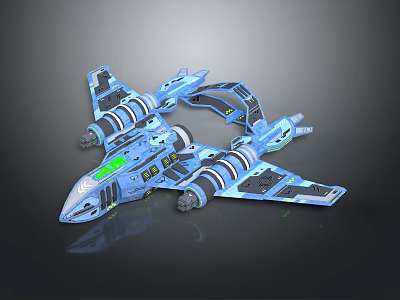 Blue Sci Fi Aircraft Model With Complex Structure And Green Details 3d model