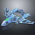 Blue Sci Fi Aircraft Model With Complex Structure And Green Details