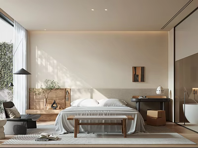 Modern Bedroom Interior Design With Large Bed Natural Light And Decorative Wall Art 3d model